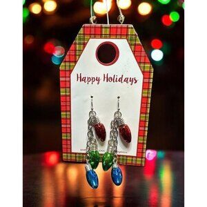 Holiday-Themed Hypoallergenic Earrings Colorful Bulbs On Silver Chains Festive